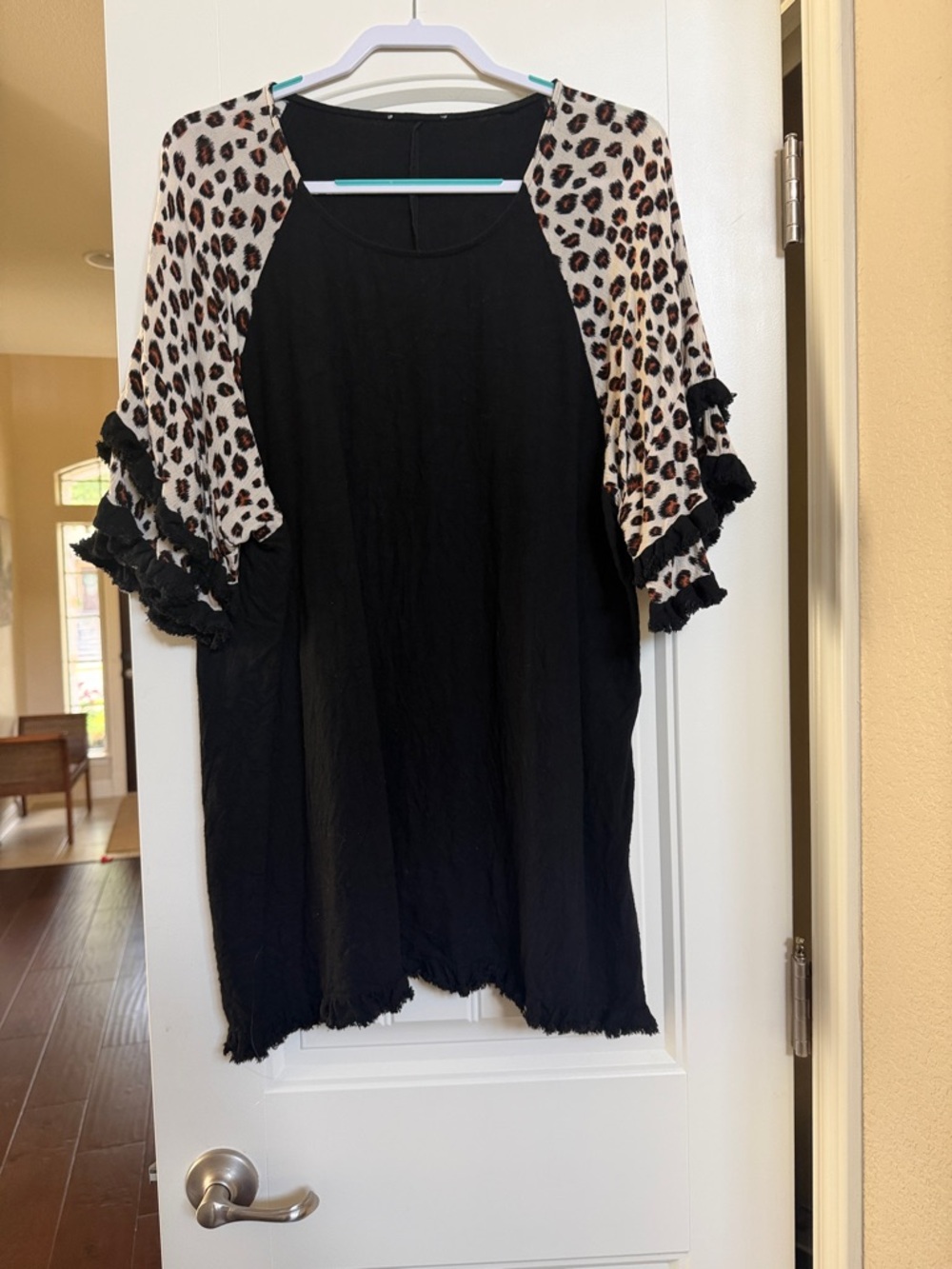 Black Tunic with Leopard Print Ruffled Sleeves
